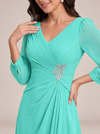 V-Neck Pleated Chiffon Mother of the Bride Dress with Flutter Sleeves