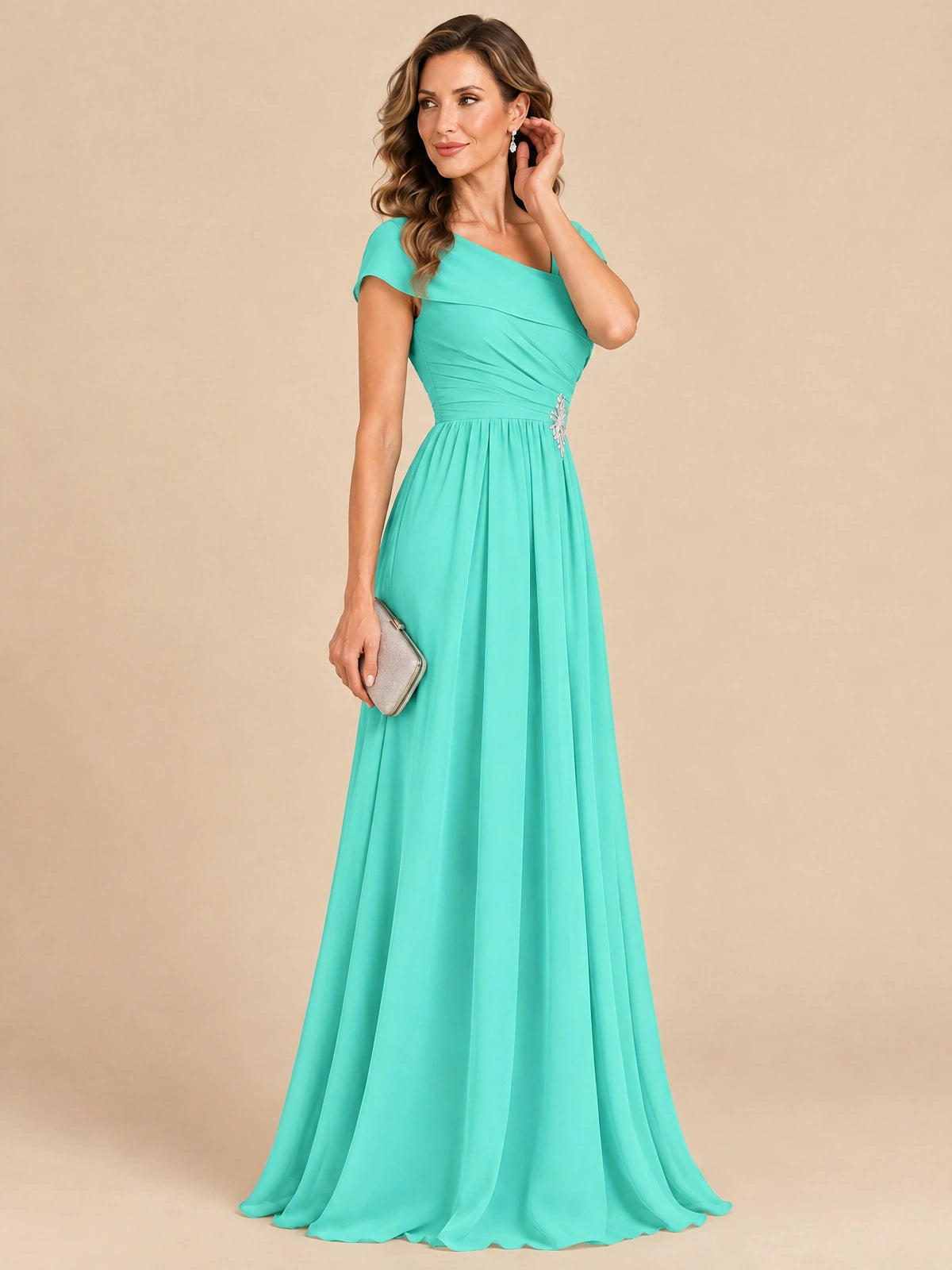 Cap Sleeve Mother of The Bride Dresses Long Chiffon Formal Gowns