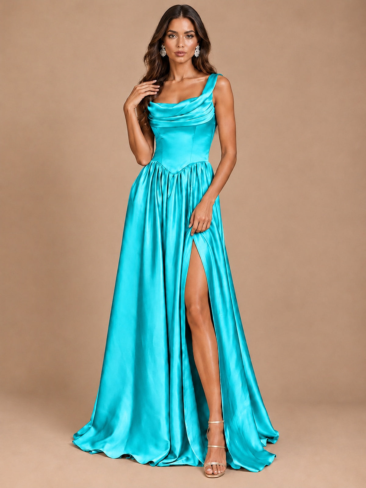 Cowl Neck Pleated Satin Prom Dress with Pockets & Slit Maxi Formal Gowns