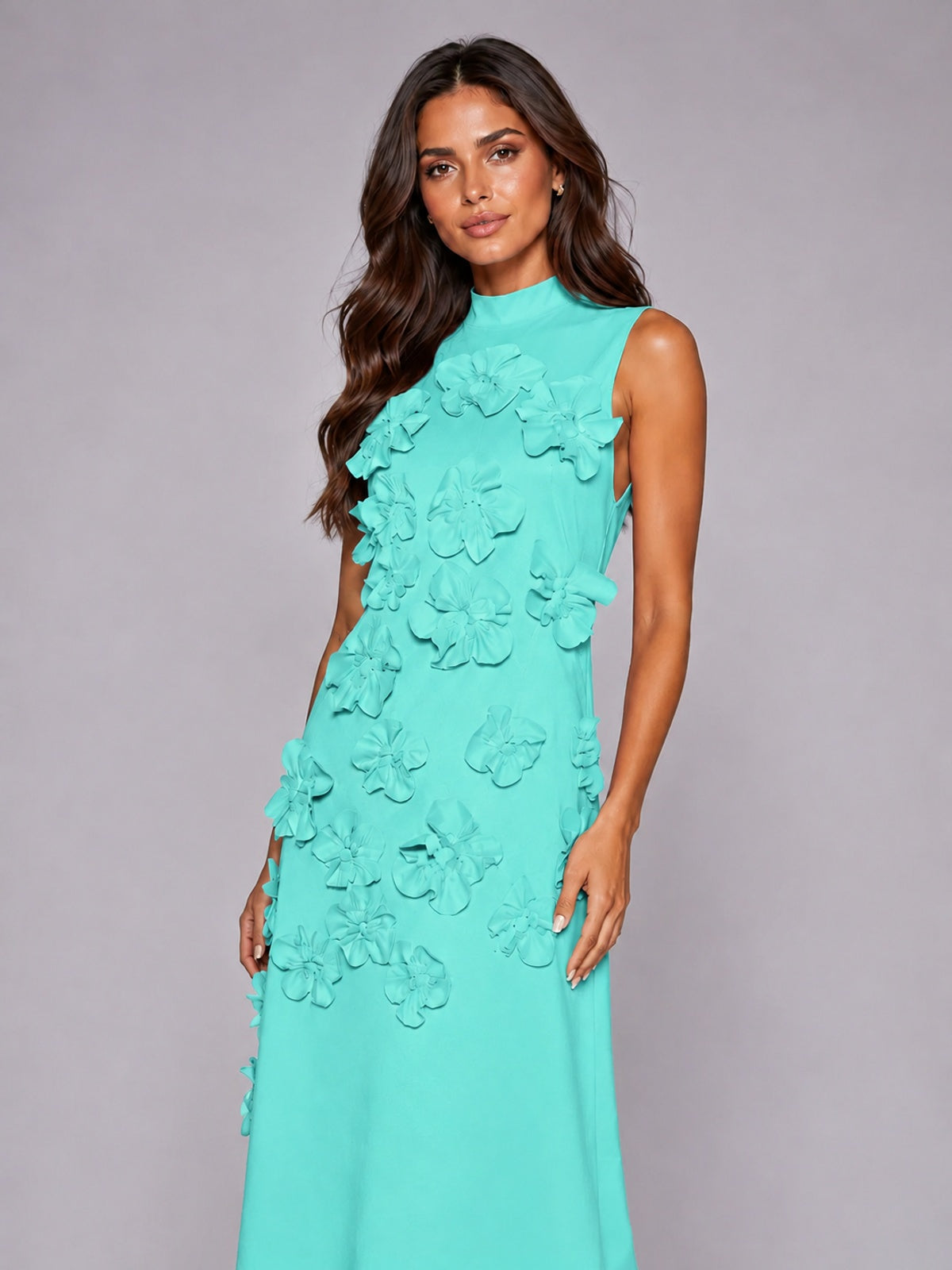 3D Floral Applique High Neck Prom Maxi Dress