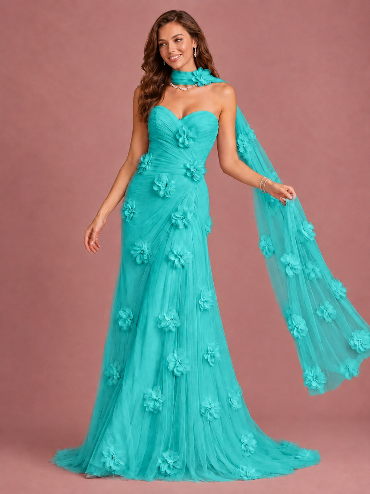 Blush Pink Strapless Sweetheart 3D Floral Tulle Mermaid Prom Dress