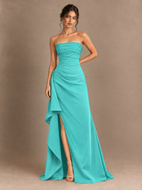 Black and White Strapless Ruched Prom Dress with High Slit & Side Drape
