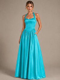Light Yellow Halter Neck Satin A-Line Maxi Dress with Pockets