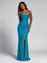 Sequin Corset Mermaid Prom Dress with Square Neck Wide Strap High Slit