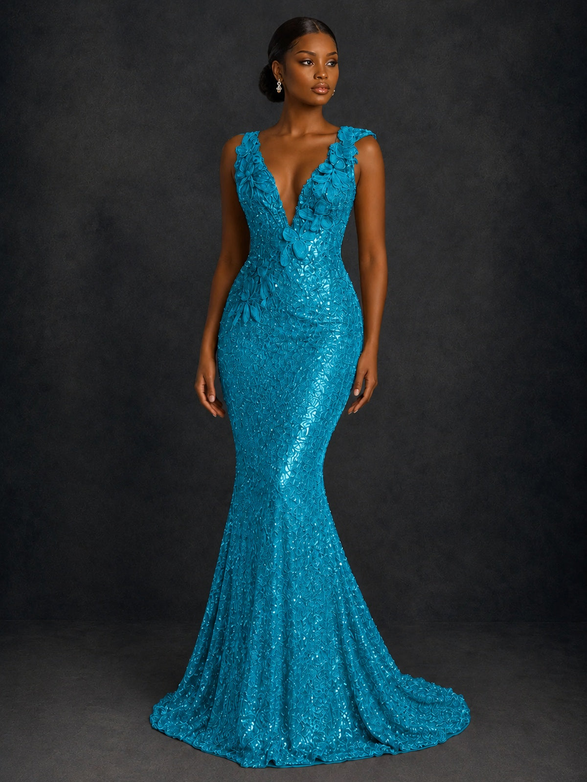 Gold Sequin Floral Applique Mermaid Prom Dress