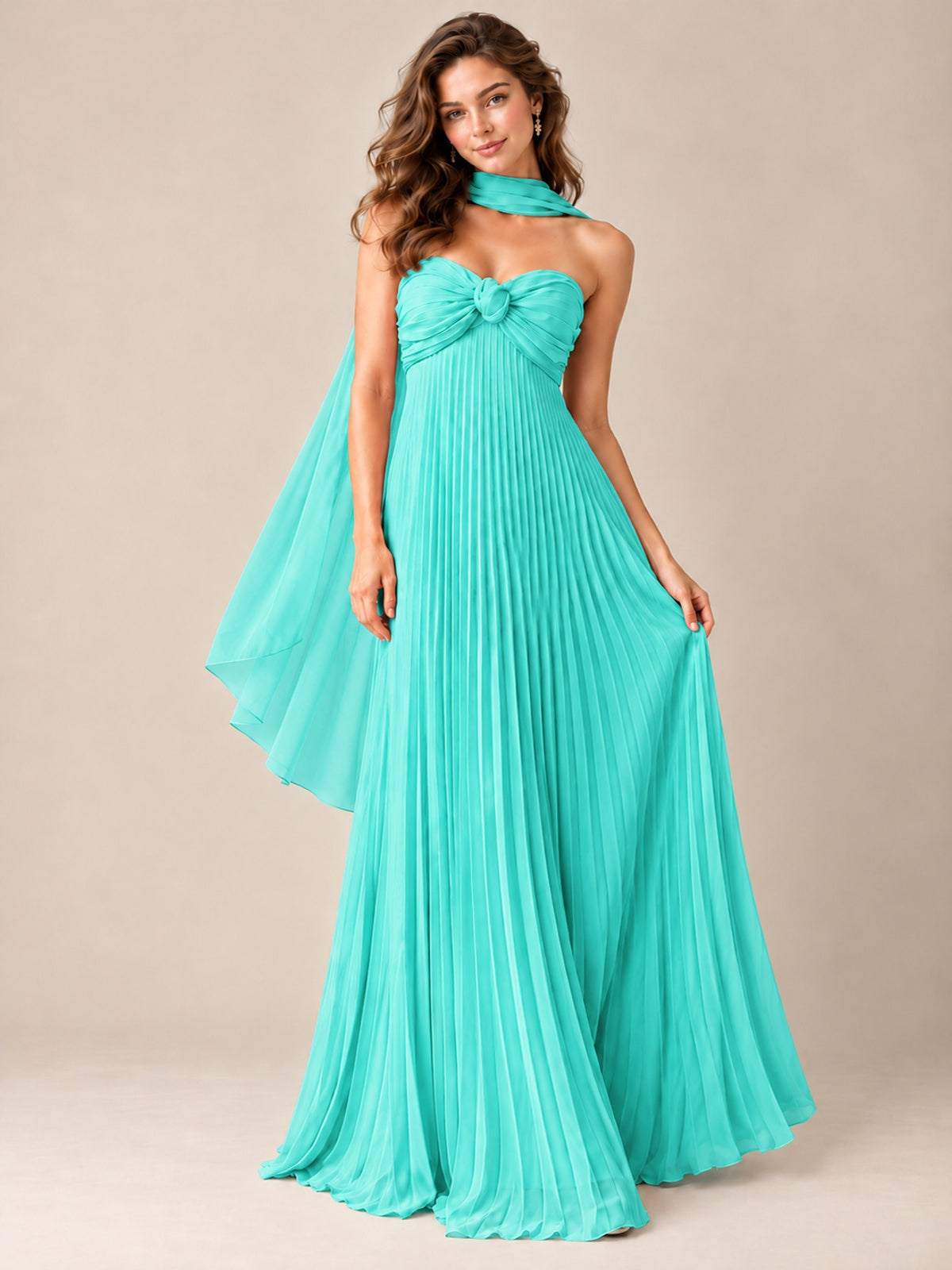 Sweetheart Neckline Pleated Prom Dress Strapless A-line Formal Dress with Flowy Scarf