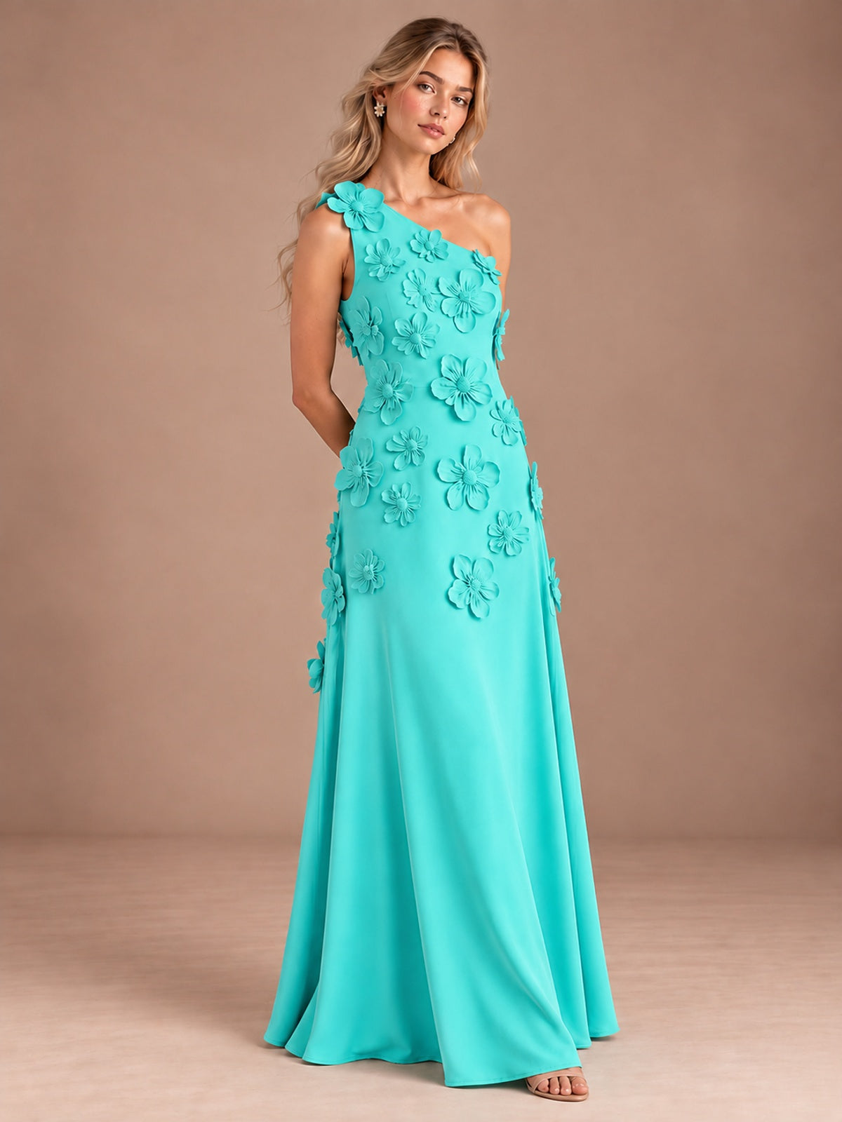 Sage Green One Shoulder Satin Formal Maxi Dress with 3D Floral