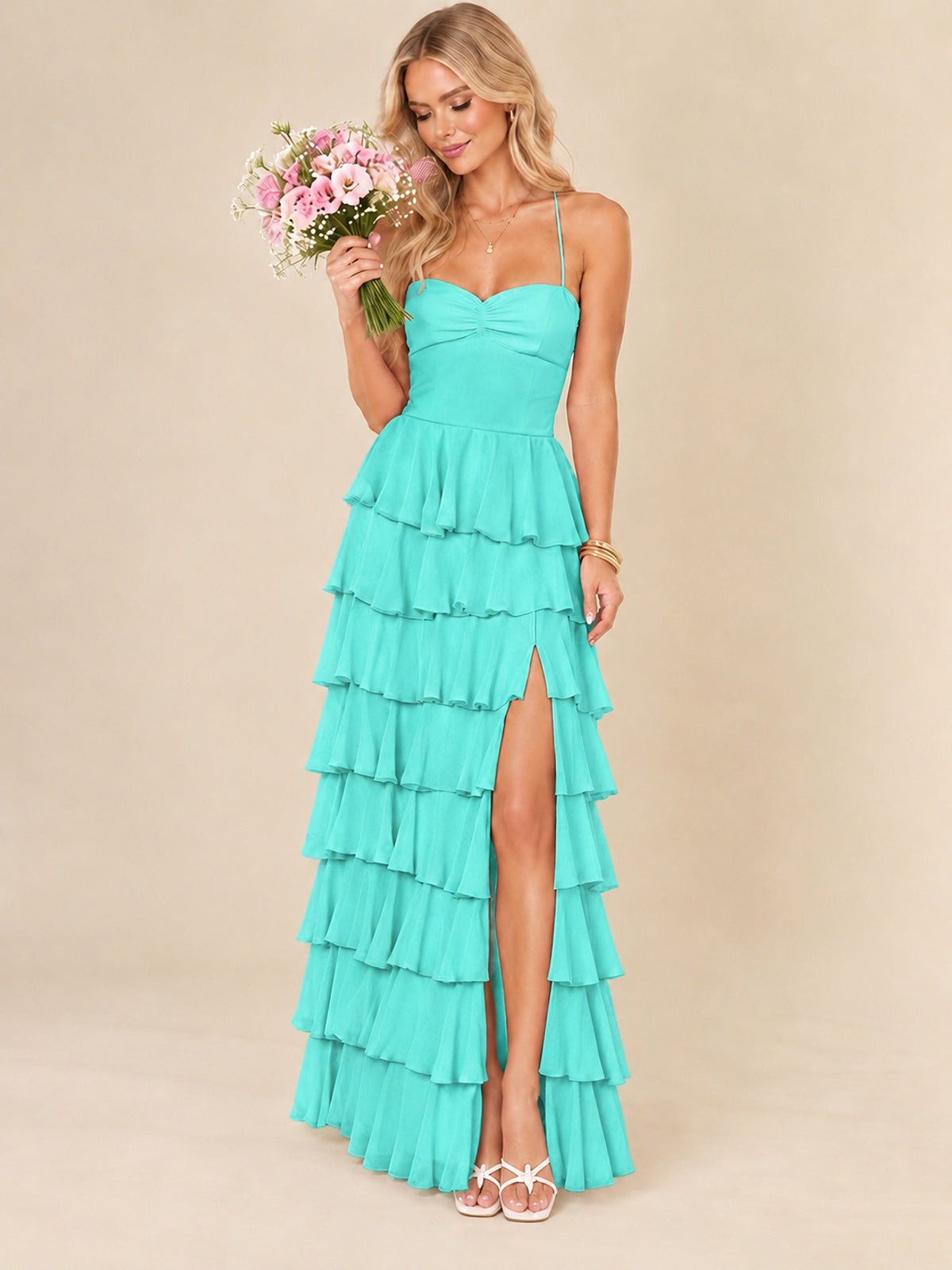 Ruffled Tiered Chiffon Prom Dress Spaghetti Straps Formal Maxi Dress with Slit