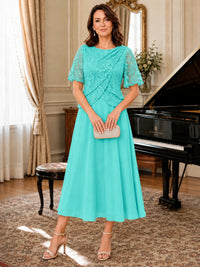 Tea-Length Chiffon Mother of the Bride Dress with Sequin Lace Sleeves