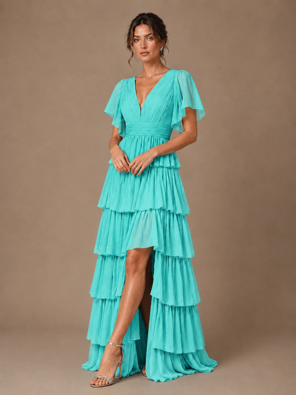 Chiffon V-Neck Tiered Ruffle Bridesmaid Dress with Slit