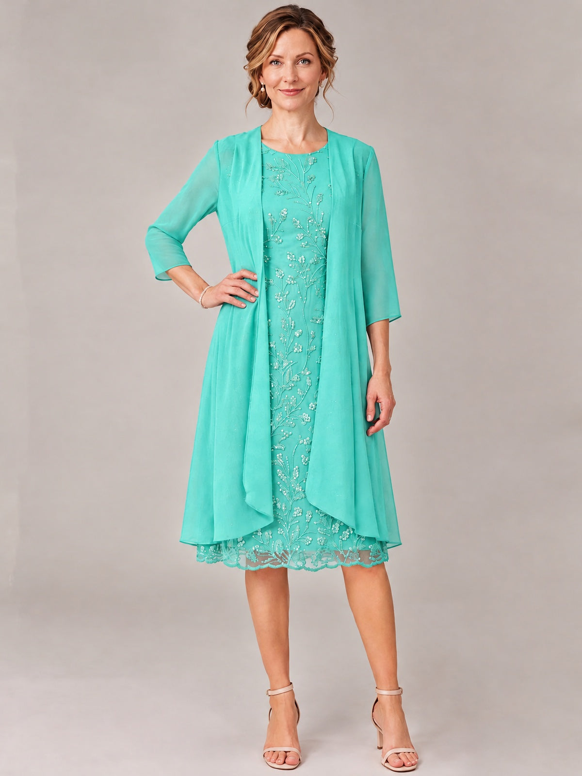 Tea Length Sequin Lace Mother of The Bride Dress with Chiffon Jacket