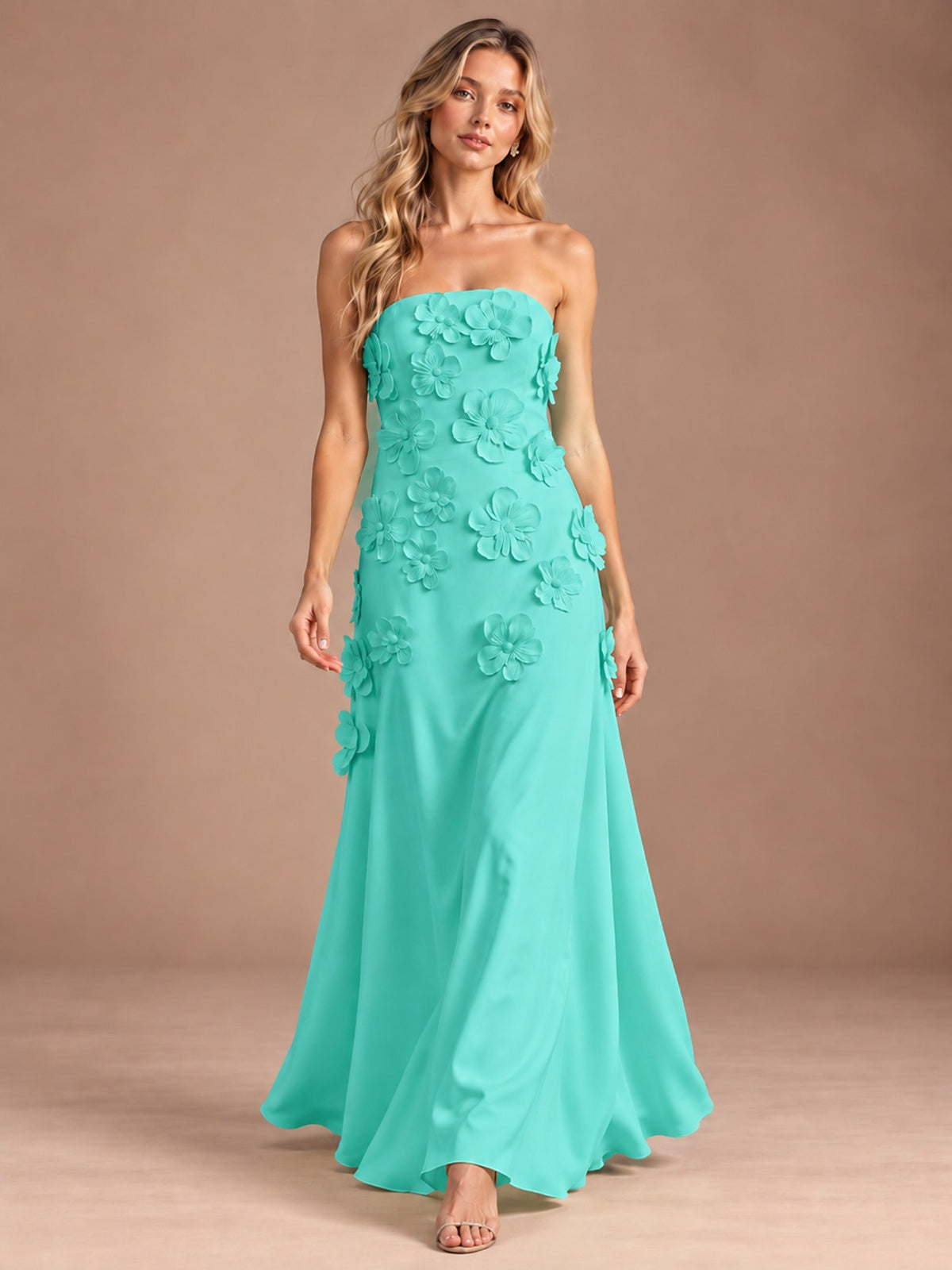 Yellow Strapless A-line Satin Maxi Dress with 3D Floral