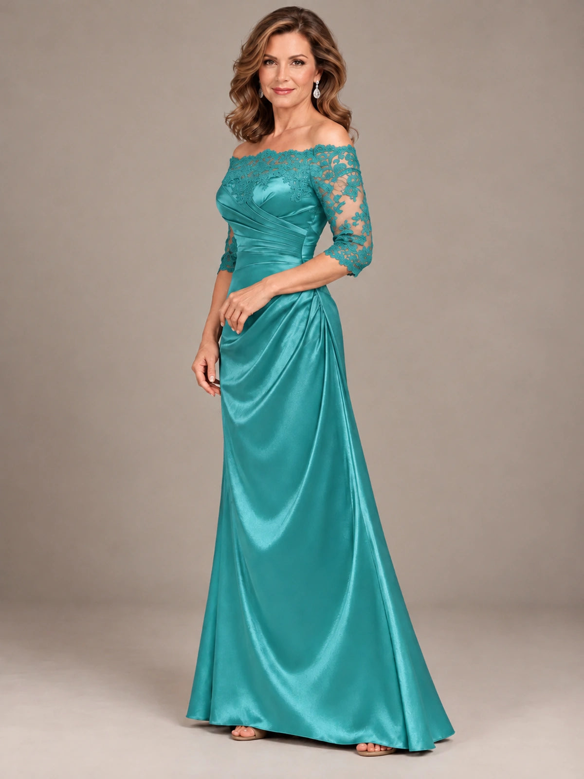 Satin Mother of the Bride Dress with Lace Sleeves Off Shoulder Formal Gown