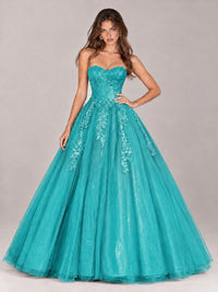 Strapless Sweetheart Tulle Ball Gown Prom Dress with Lace Appliques