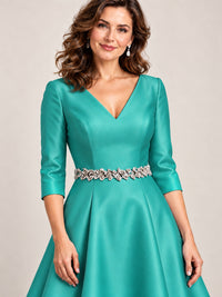 V-Neck Tea-Length Mother of the Bride Dress with Embellished Waist