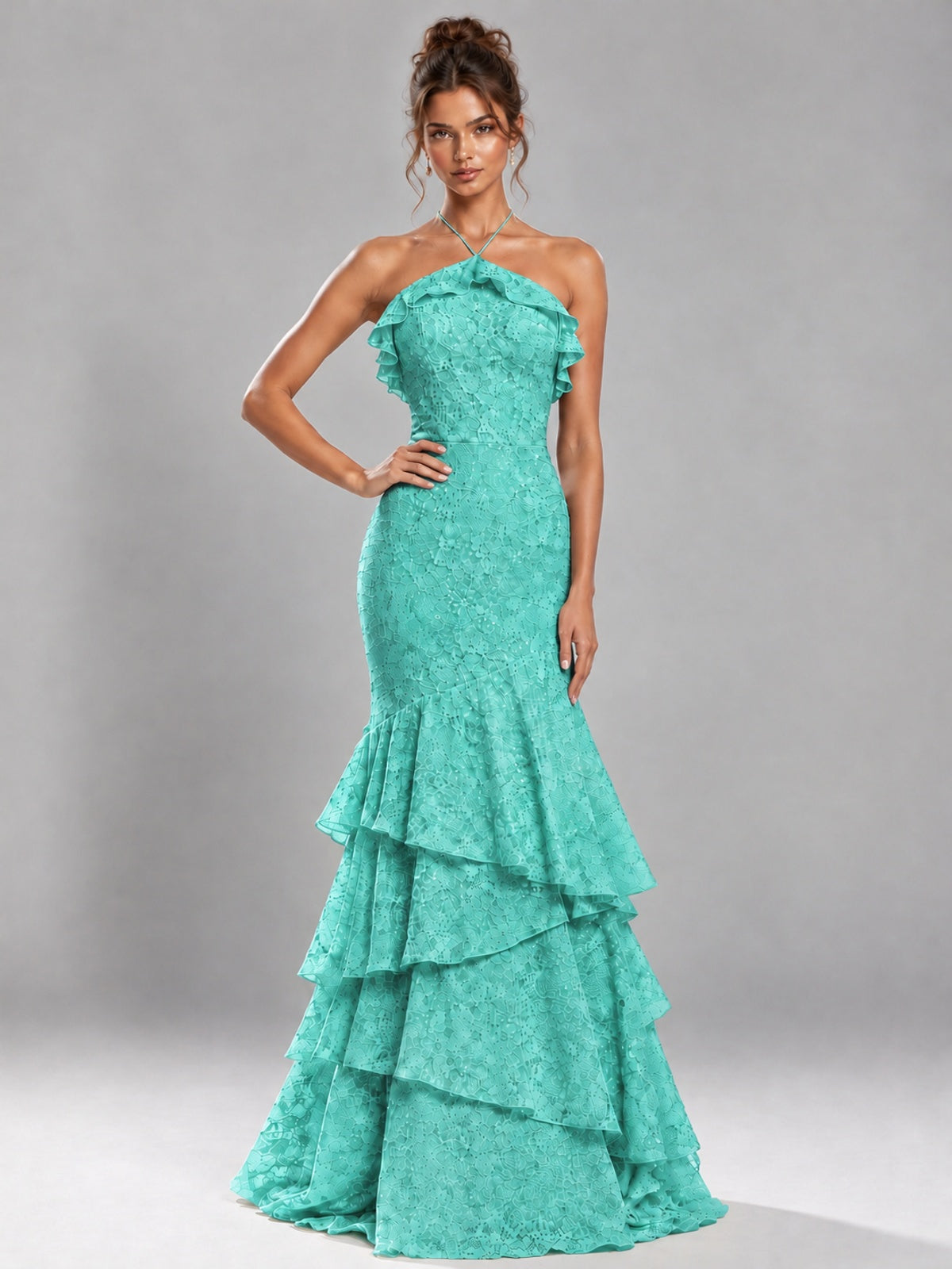Halter Tiered Mermaid Prom Dress with Sparkly Lace