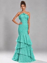 Halter Tiered Mermaid Prom Dress with Sparkly Lace