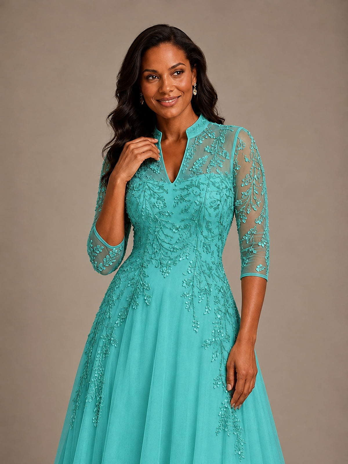 Embellished Appliques Mother of the Bride Dress with 3/4 Sleeves