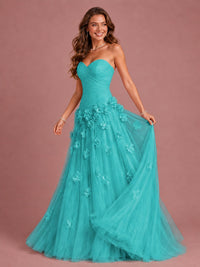 Blush Pink Strapless Sweetheart 3D Floral Tulle Ball Gown Prom Dres