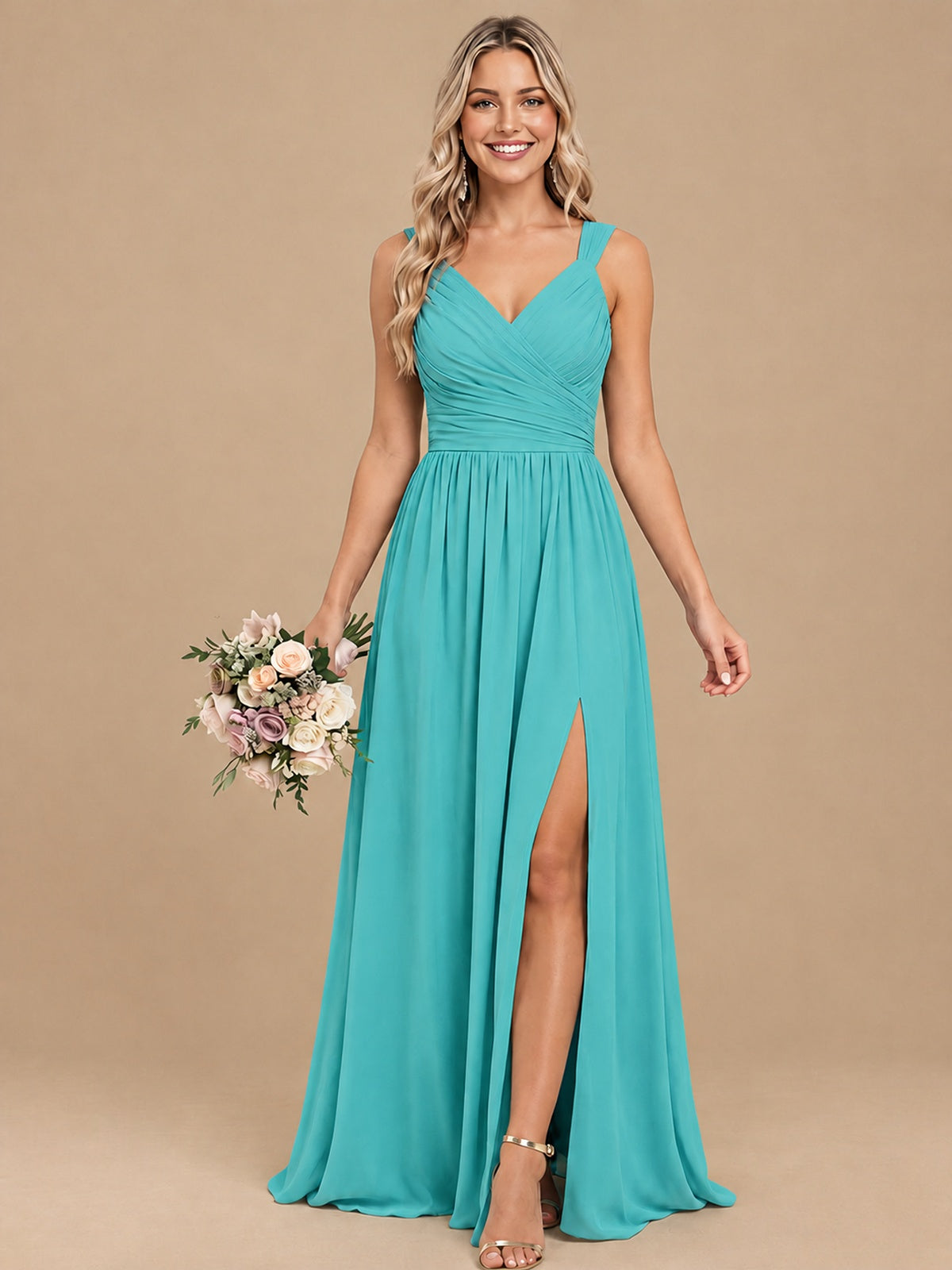 Pleated Chiffon V Neck Wedding Bridesmaid Dresses Floor Length with Slit