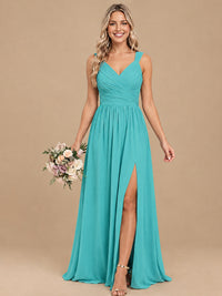 Pleated Chiffon V Neck Wedding Bridesmaid Dresses Floor Length with Slit