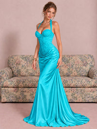 Sparkling Halter Corset Satin Mermaid Prom Dress
