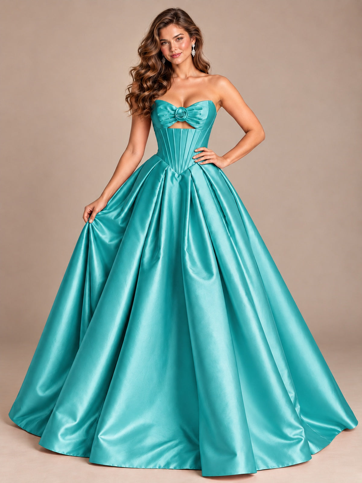 Pink Strapless Corset Satin Prom Derss & Ball Gown with 3D Floral