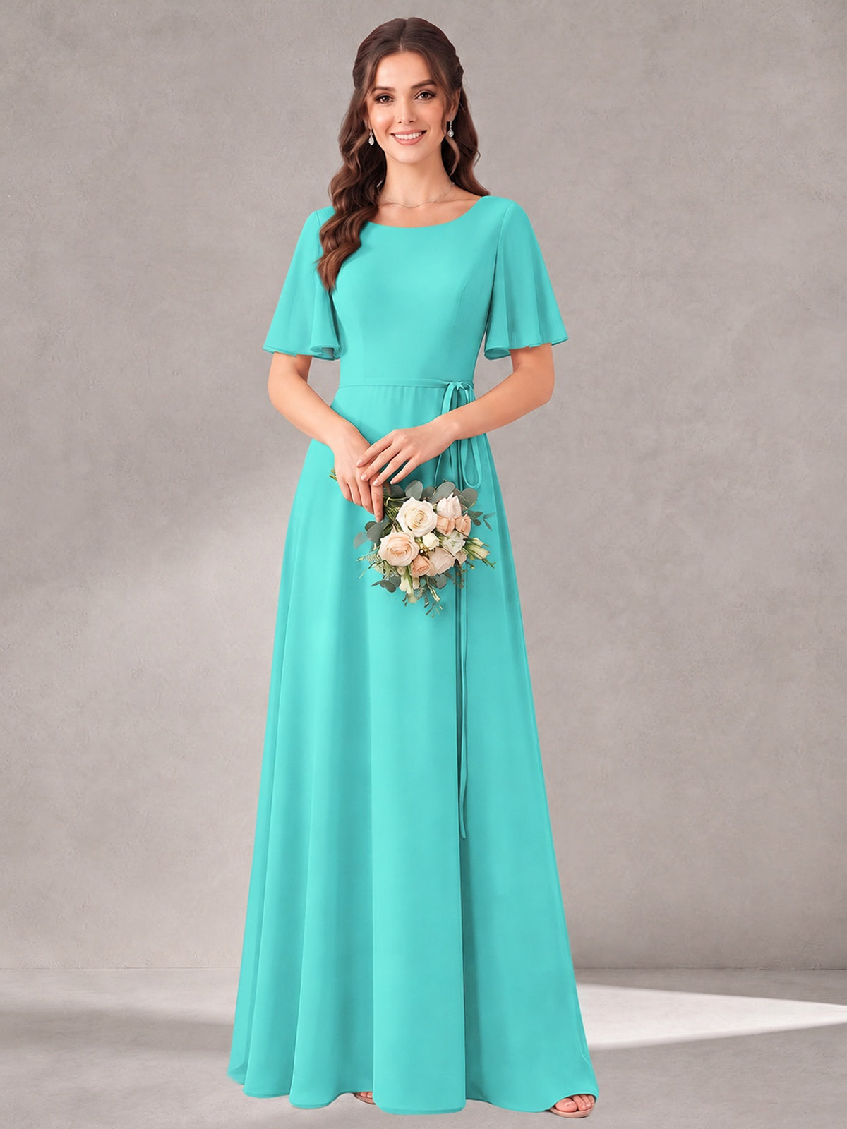 Scoop Neck A-line Chiffon Bridesmaid Dress with Flutter Sleeve & Belt