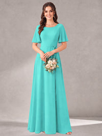 Scoop Neck A-line Chiffon Bridesmaid Dress with Flutter Sleeve & Belt