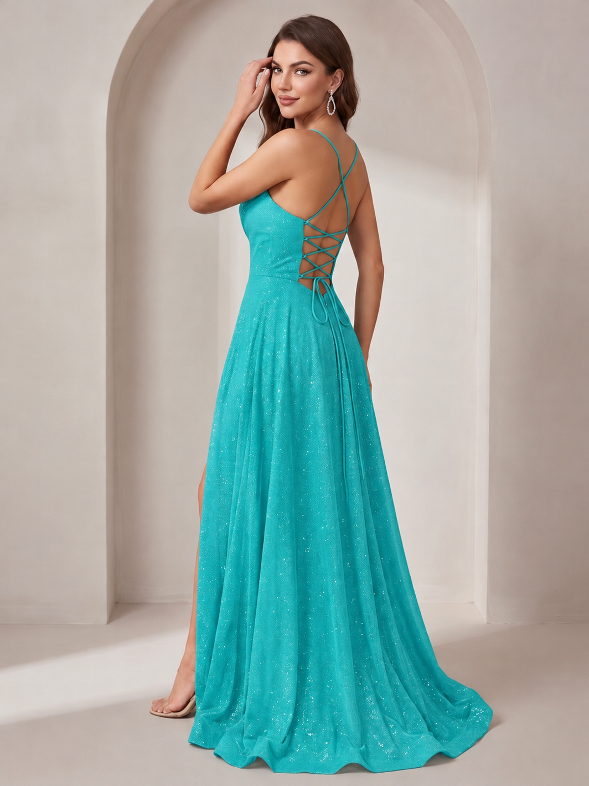Sparkly Cowl Neck Corset Long Prom Dress with Slit A-line Tulle Ball Gown