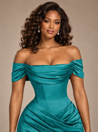 Burgundy Off-the-Shoulder Satin Corset Prom Dress with Slit