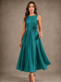 Tea-Length Satin Mother of the Bride Dress with 3D Flower Detail