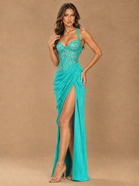 Sweetheart Halter Prom Dress Pleated Lace Floral Formal Dress with Slit
