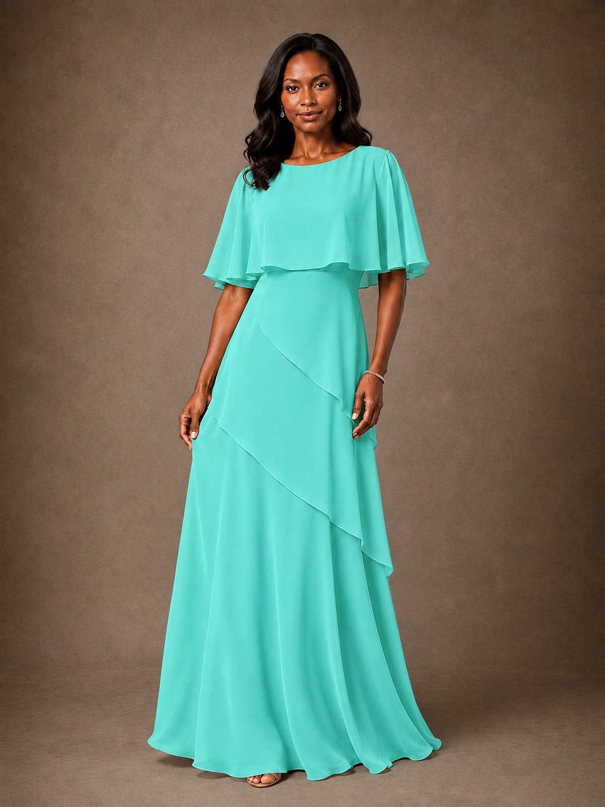 Taupe Chiffon A-Line Mother of the Bride Dress with Cape Sleeves