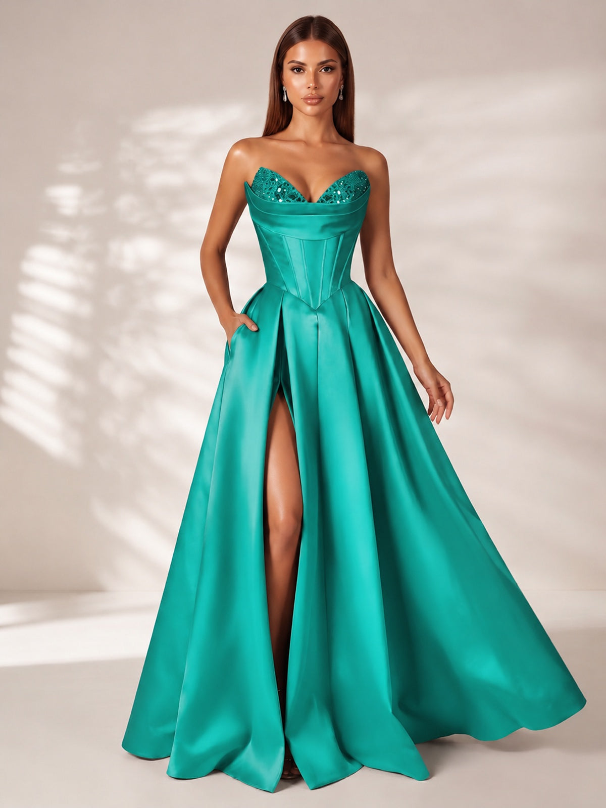 Strapless Corset Satin Prom Dress Long Evening Gown with High Slit