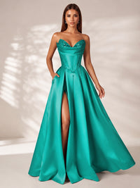 Strapless Corset Satin Prom Dress Long Evening Gown with High Slit