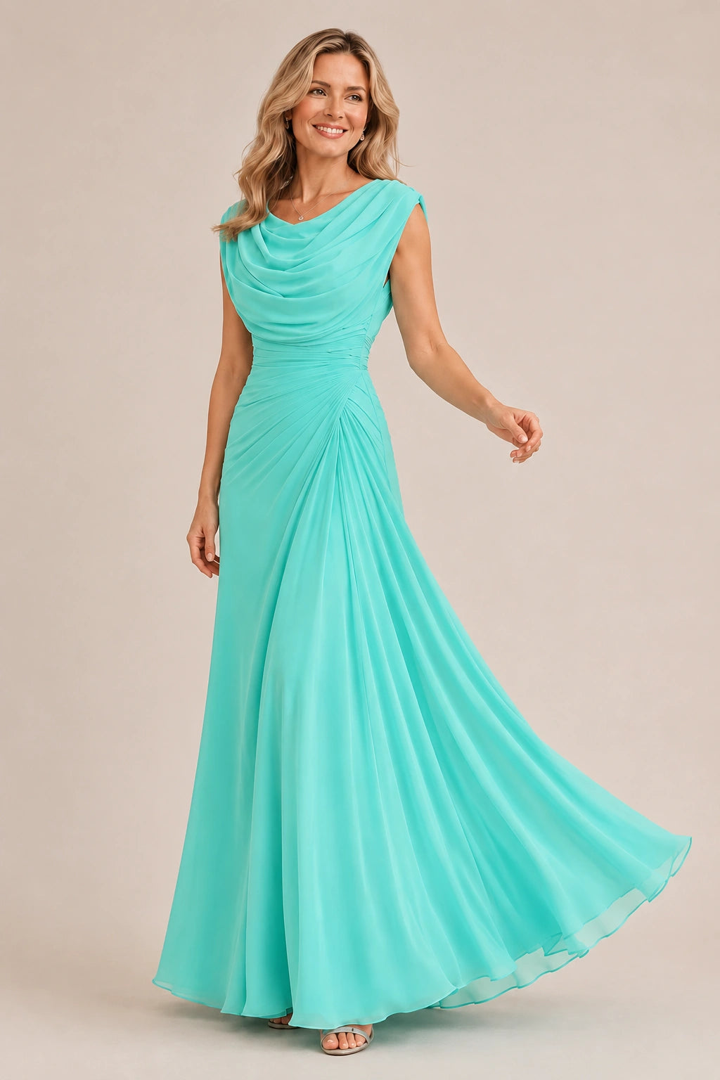 Cowl Neck Ruched Chiffon Mother of the Bride Dress