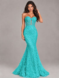 Strapless Corset Mermaid Prom Dress Lace Appliqué Formal Gown