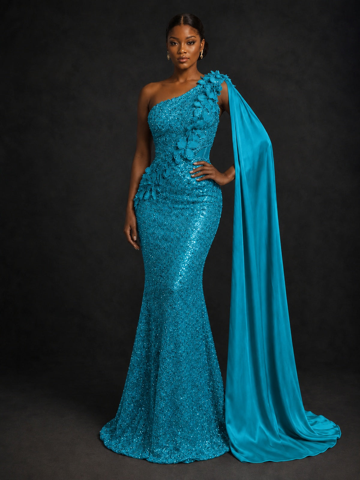 Gold Sequin One Shoulder Mermaid Prom Dress with Cape