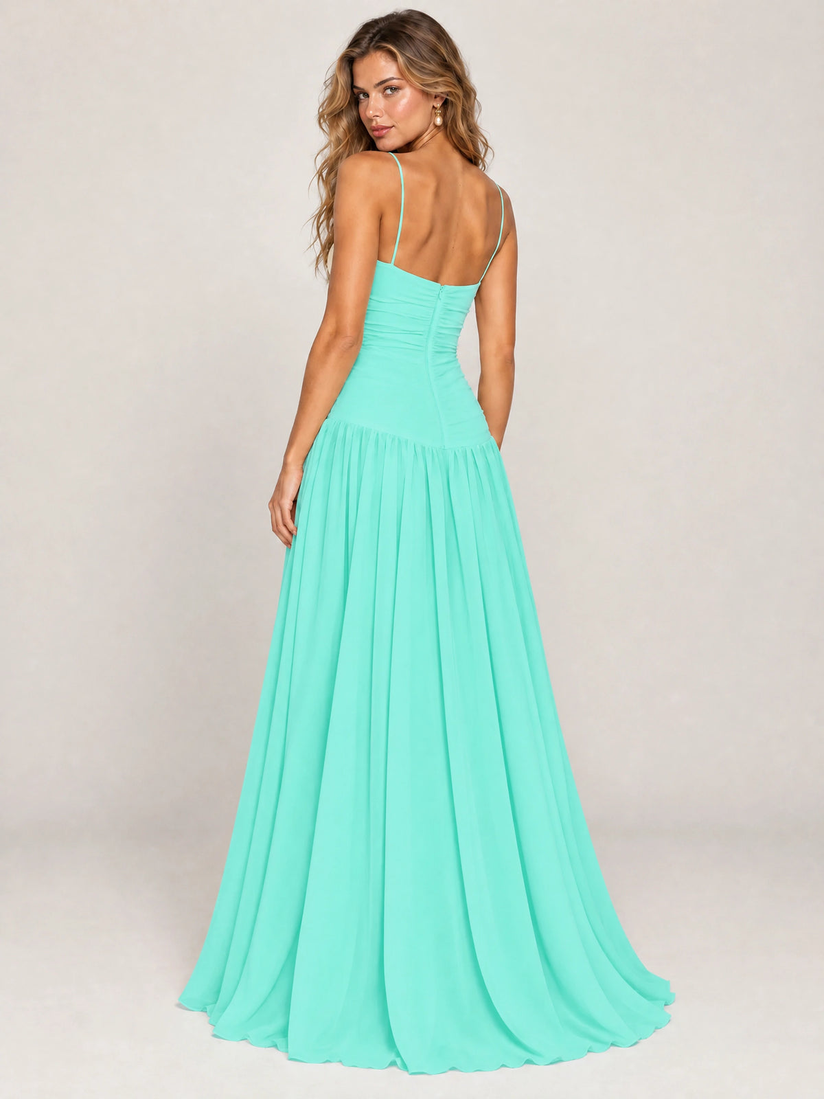 Butter Yellow Ruched Spaghetti Strap Drop-Waist Prom Dress