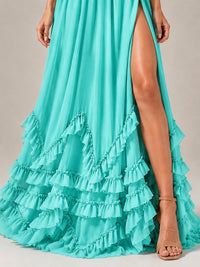 Halter V Neck Chiffon Formal Dress with Lace-Up Back and Ruffle Hem