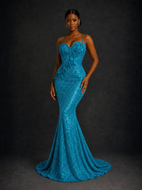Sequin Mermaid Prom Dress with Floral Applique