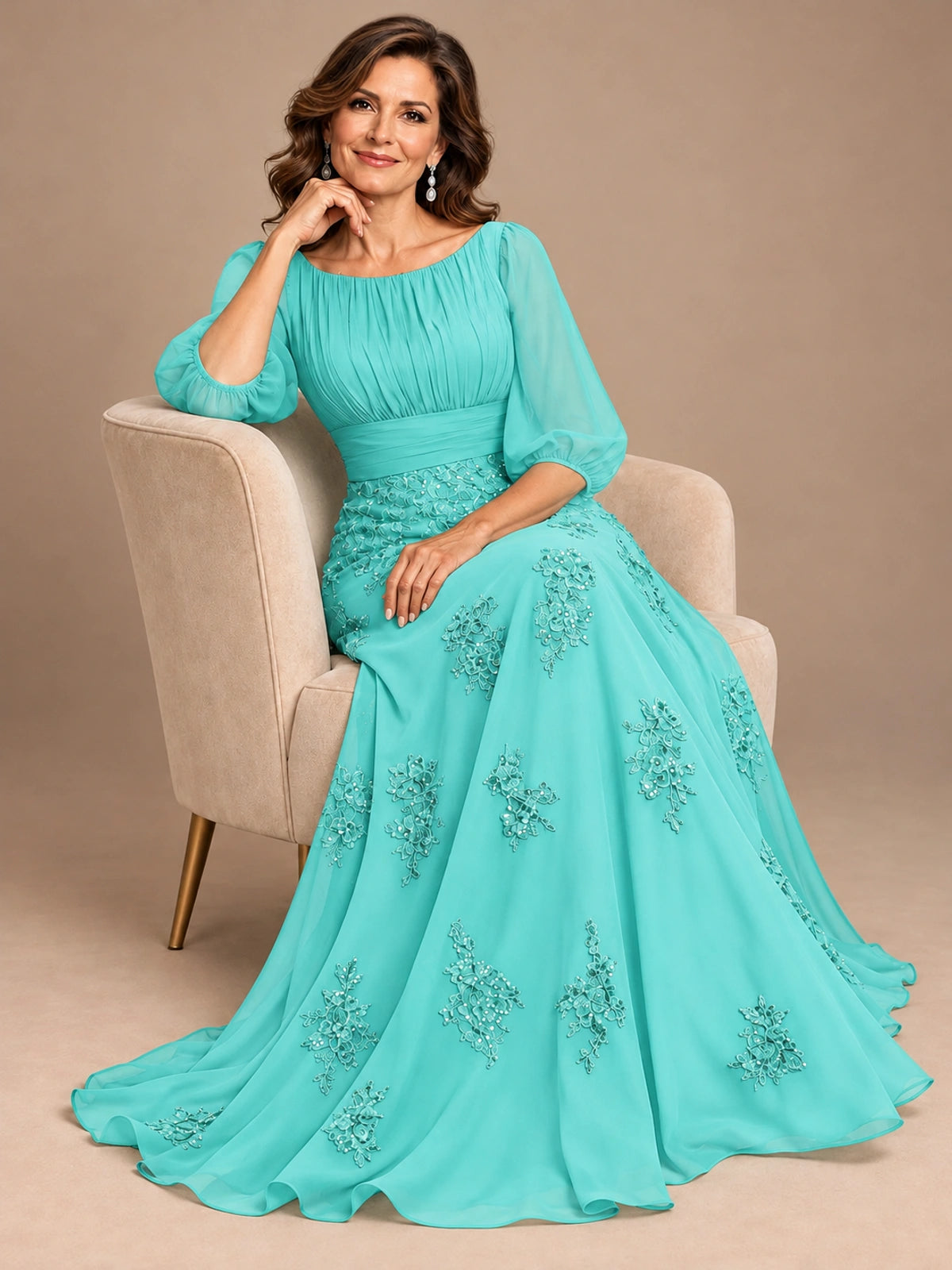 A-Line Mother of the Bride Dress with Sheer Puff Sleeves