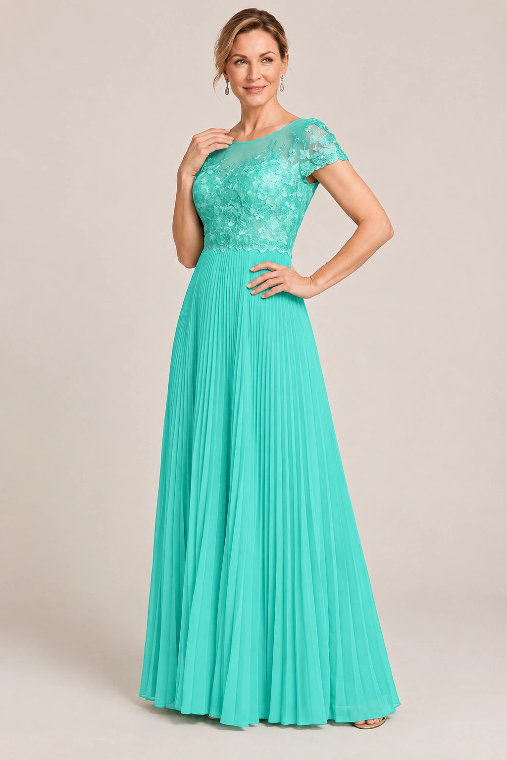 Embroidered Lace Pleated Mother of the Bride Dress