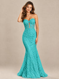 Strapless Corset Mermaid Prom Dress with Floral Lace Appliqué