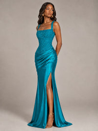 Scoop Neck Sequin Prom Dress with High Slit Satin Formal Gowns