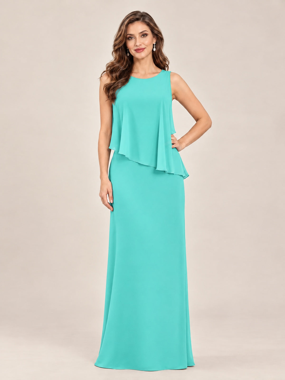 Cape Sleeve Mother of the Bride Dress with Asymmetrical Overlay