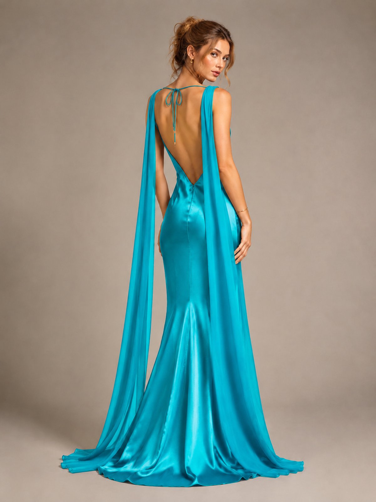 Burgundy Satin Mermaid Cape Maxi Dress