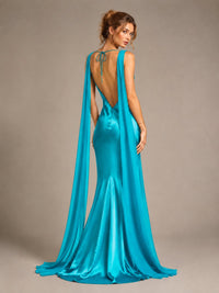 Burgundy Satin Mermaid Cape Maxi Dress