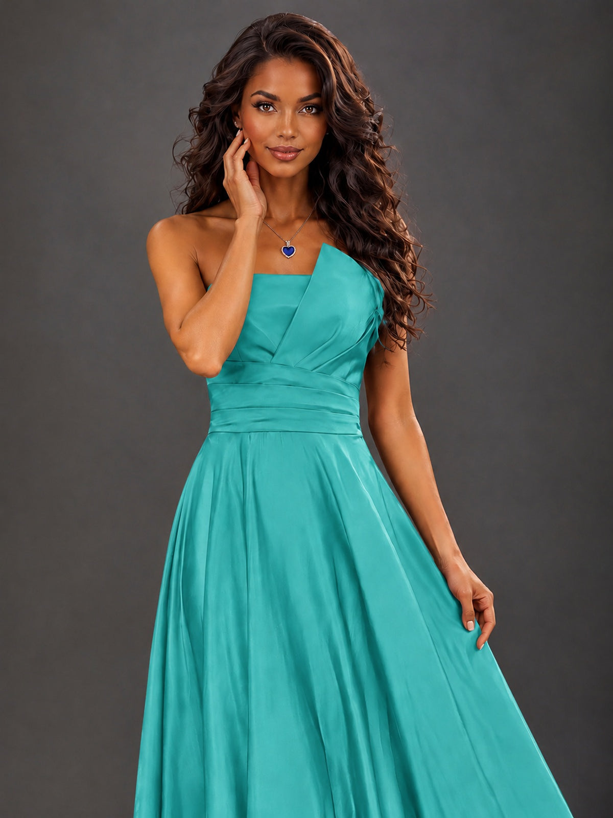 Draped Satin Prom Dress Strapless A-line Formal Dress Floor Length
